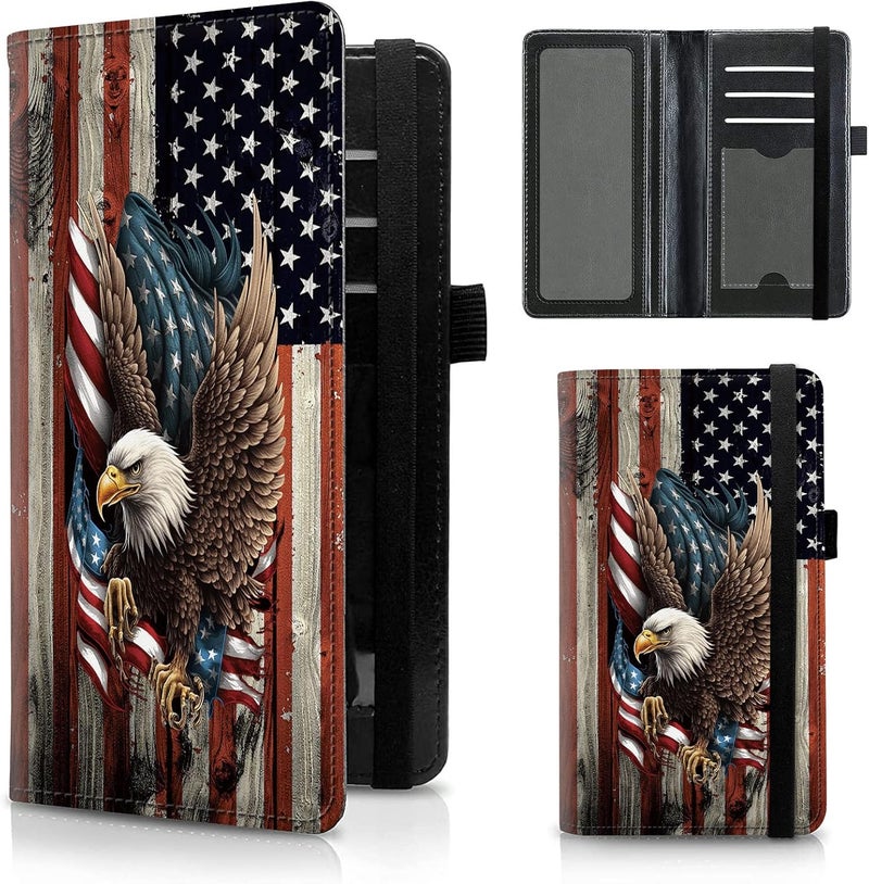 FUYOCWE Leather Checkbook Cover for Men Women Check book Holder Cover Wallets for Personal Checkbook Checks with RFID Blocking & Elastic Strap-Bald Eagle with Flag - Image 1